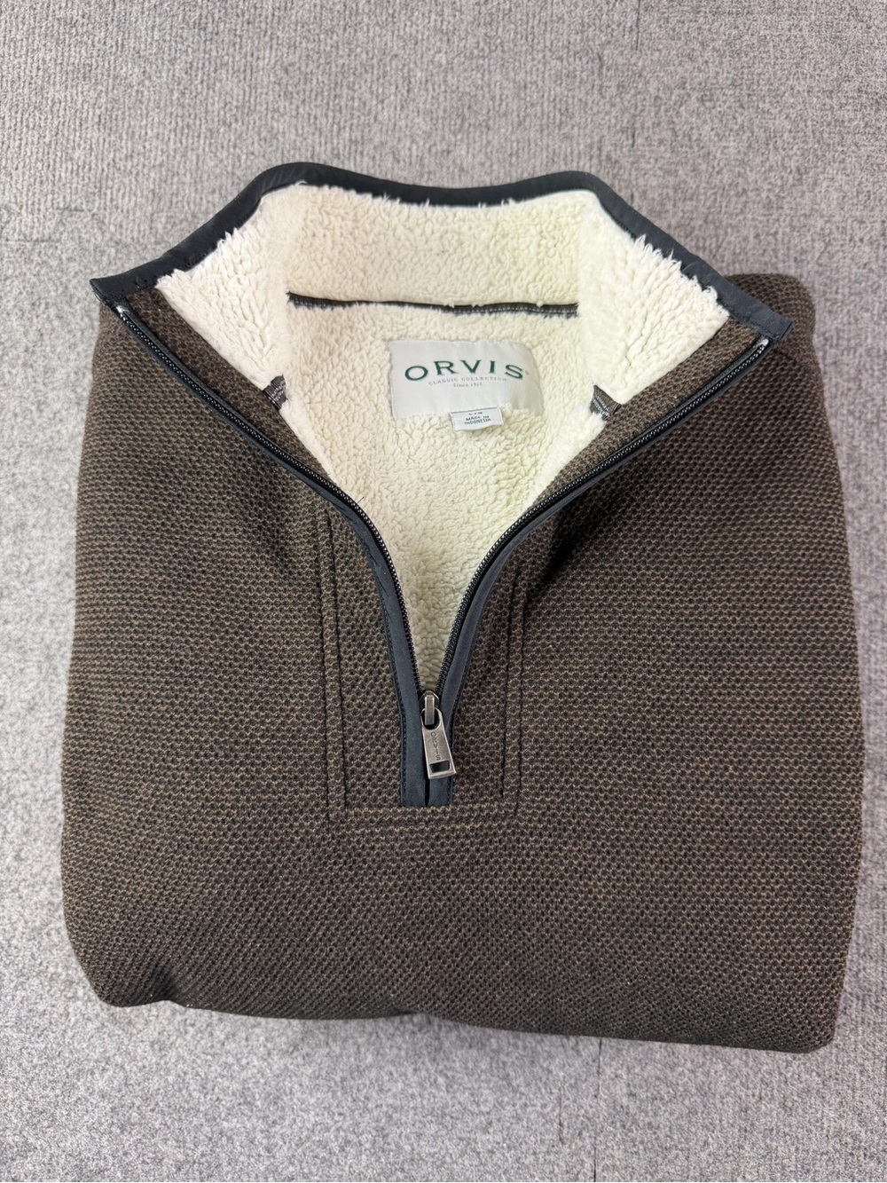 Orvis Mens 1/4 Zip L/S Sherpa Lined Pullover Sweatshirt Size L Brown